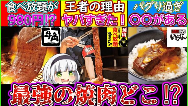 【ゆっくり解説】焼肉チェーン店史上コスパ抜群はどこ⁉︎お肉や食べ放題コース違い解説！【焼肉きんぐ・牛角・焼肉いちばん】