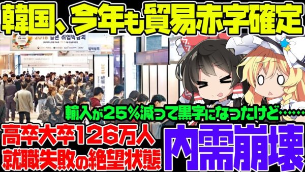 韓国経済爆死か？輸入が2割以上減少して赤字がほぼ確定！若者の3割が就職できない状態で内需経済がズタボロ【ゆっくり解説】